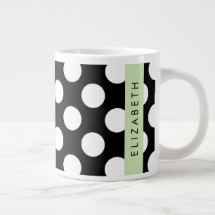 Black and White Polka Dots, Dotted, Your Name Large Coffee Mug