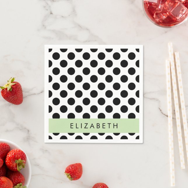 Black and White Polka Dots, Dotted, Your Name Napkin (Insitu)