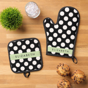 Black and White Polka Dots, Dotted, Your Name Oven Mitt & Pot Holder Set