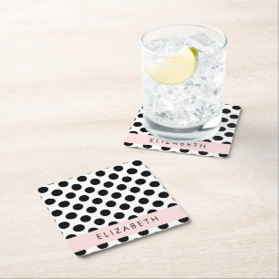 Black and White Polka Dots, Dotted, Your Name Square Paper Coaster