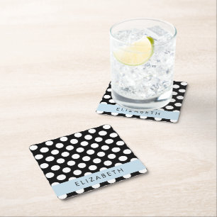 Black and White Polka Dots, Dotted, Your Name Square Paper Coaster