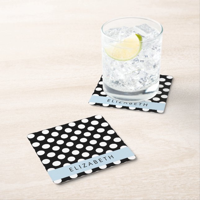 Black and White Polka Dots, Dotted, Your Name Square Paper Coaster (Insitu)