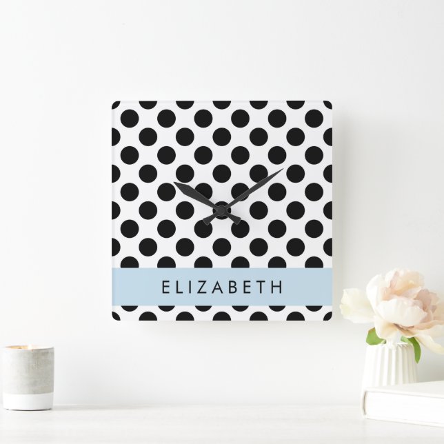 Black and White Polka Dots, Dotted, Your Name Square Wall Clock (Home)