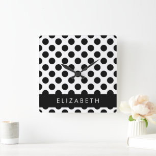 Black and White Polka Dots, Dotted, Your Name Square Wall Clock