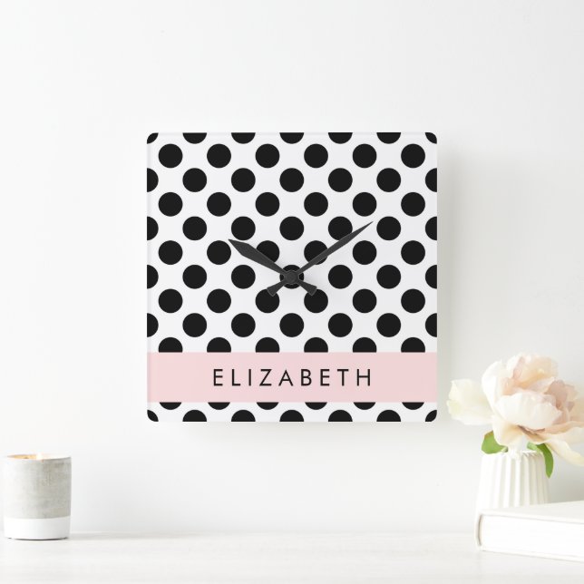 Black and White Polka Dots, Dotted, Your Name Square Wall Clock (Home)
