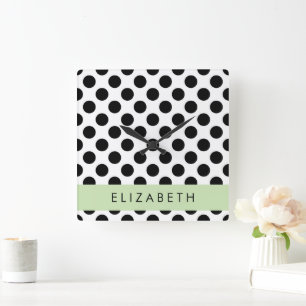 Black and White Polka Dots, Dotted, Your Name Square Wall Clock