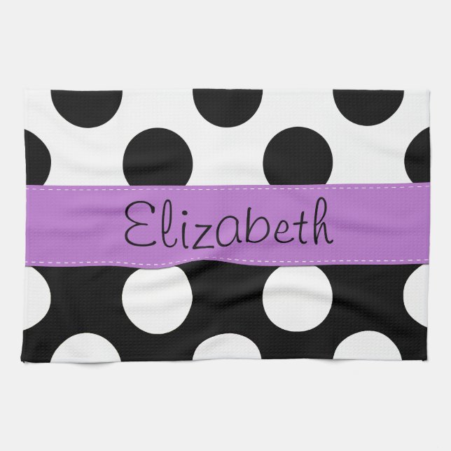 Black and White Polka Dots, Dotted, Your Name Tea Towel (Horizontal)