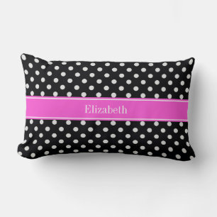 Black and White Polka Dots Hot Pink Name Monogram Lumbar Cushion