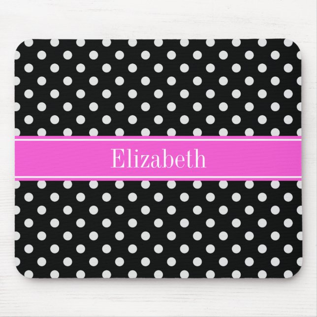 Black and White Polka Dots Hot Pink Name Monogram Mouse Pad (Front)
