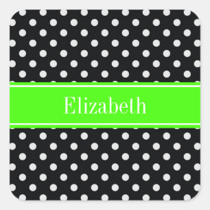 Black and White Polka Dots Lime Name Monogram Square Sticker