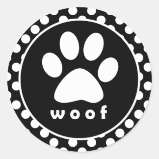 Black and White Polka Dots; Paw Print Classic Round Sticker