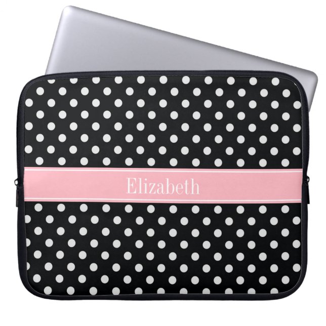 Black and White Polka Dots Pink Name Monogram Laptop Sleeve (Front)