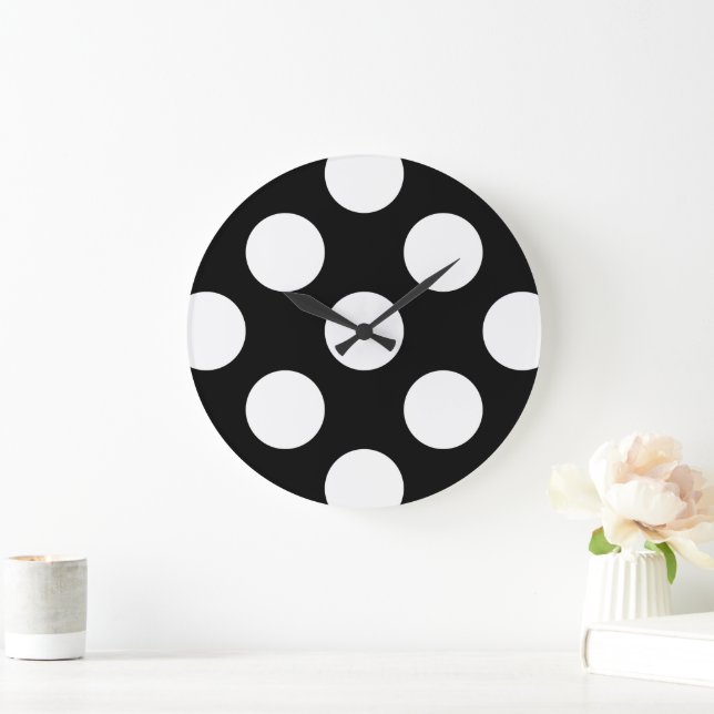 Black and White Polka Dots, Polka Dot Pattern Large Clock (Home)