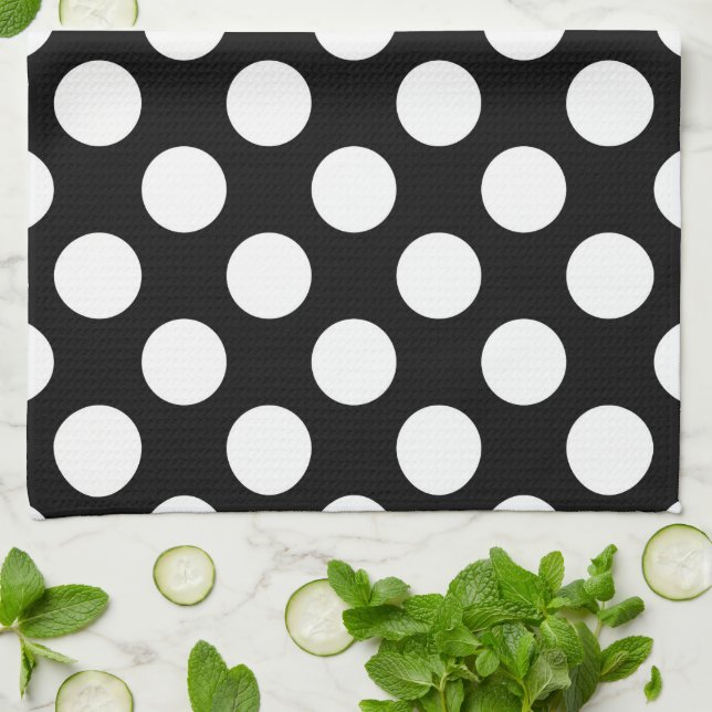 Black and White Polka Dots, Polka Dot Pattern Tea Towel (Folded)