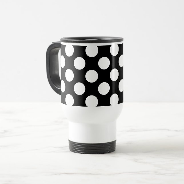 Black and White Polka Dots, Polka Dot Pattern Travel Mug (Front Left)