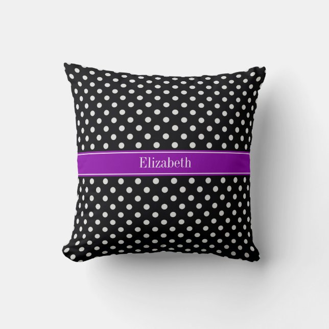 Black and White Polka Dots Purple Name Monogram Cushion (Front)