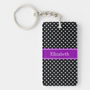 Black and White Polka Dots Purple Name Monogram Key Ring
