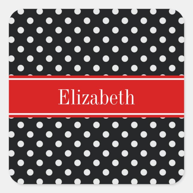 Black and White Polka Dots Red Name Monogram Square Sticker (Front)