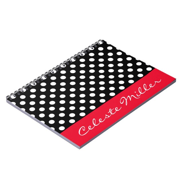 Black and White Polka Dots with Red Accent Notebook (Left Side)