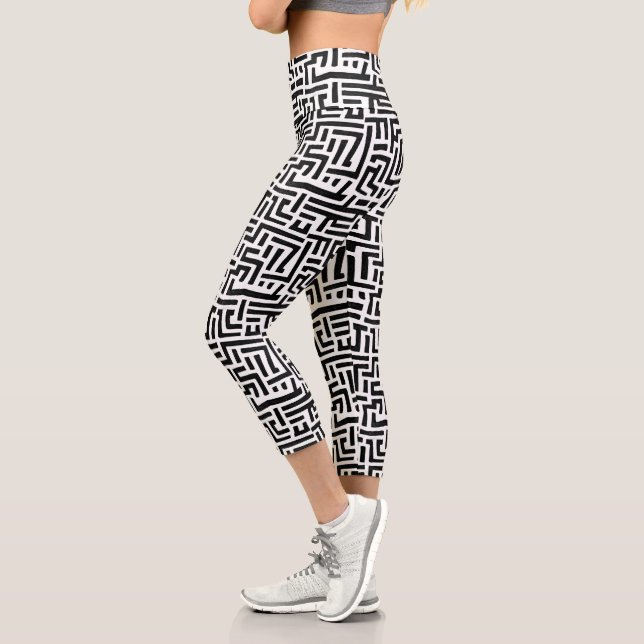 Black and White Pop Art Maze Pattern Capri Leggings (Left)