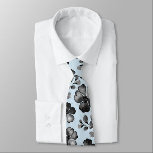 Black And White Poppy Greenery Light Blue Wedding Tie
