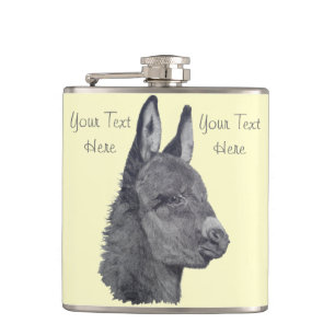 black and white portrait picture of cute donkey hip flask