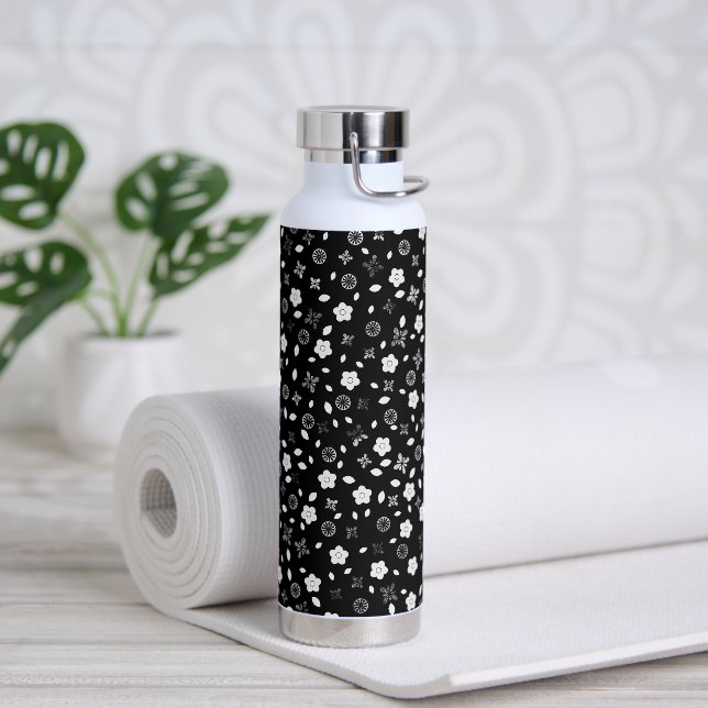 Black and White Posies Water Bottle (Yoga)