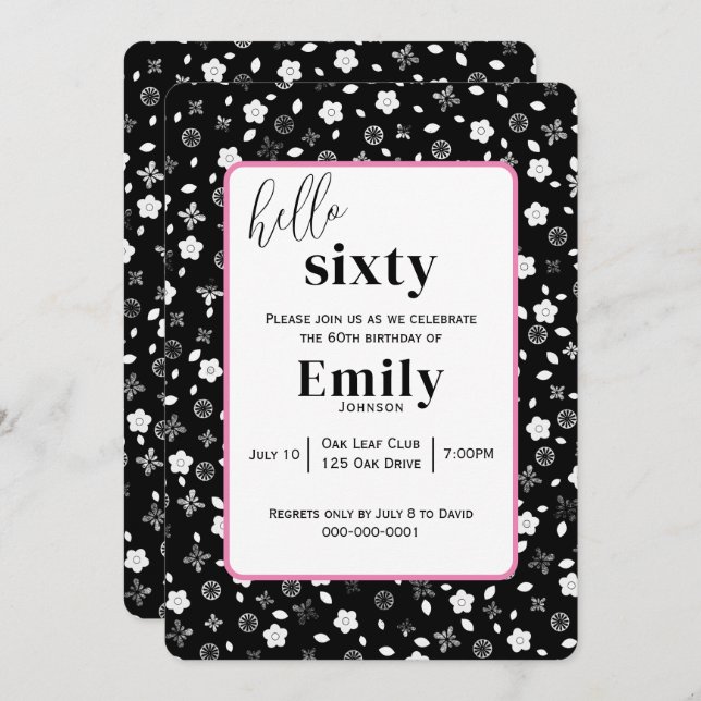 Black and White Posy for 60th Birthday Party Invitation (Front/Back)