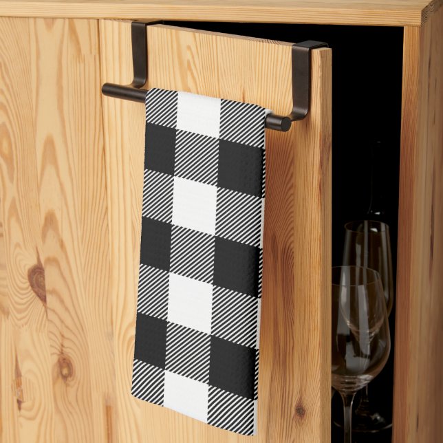 Black and White Preppy Buffalo Check Plaid Tea Towel (Thirds Fold)
