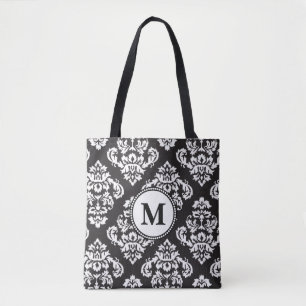 Black and White Print Pattern Monogram Tote Bag