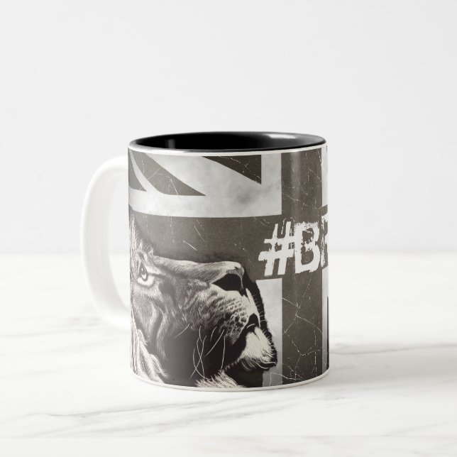 Black and White Proud Lion Union Jack #Brexit Two-Tone Coffee Mug (Front Left)