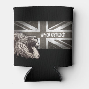 Black and White Proud Lion Union Jack Custom Text Can Cooler