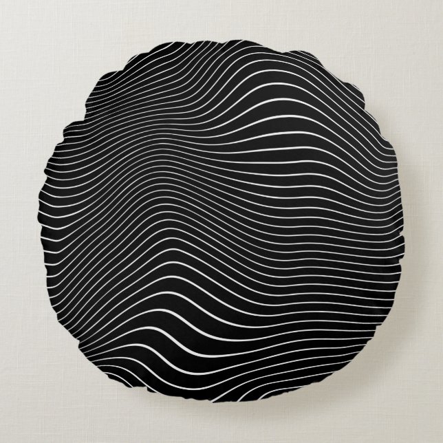 Black and white Psychedelic Linear Wavy Background Round Cushion (Front)