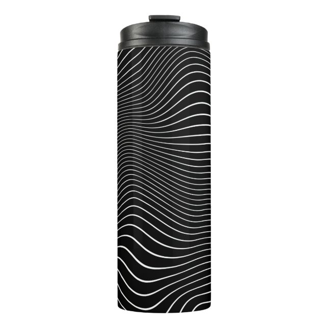 Black and white Psychedelic Linear Wavy Background Thermal Tumbler (Front)
