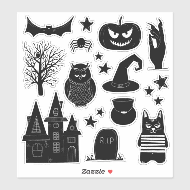 Black and white pumpkin, witch, owl. Halloween (Sheet)