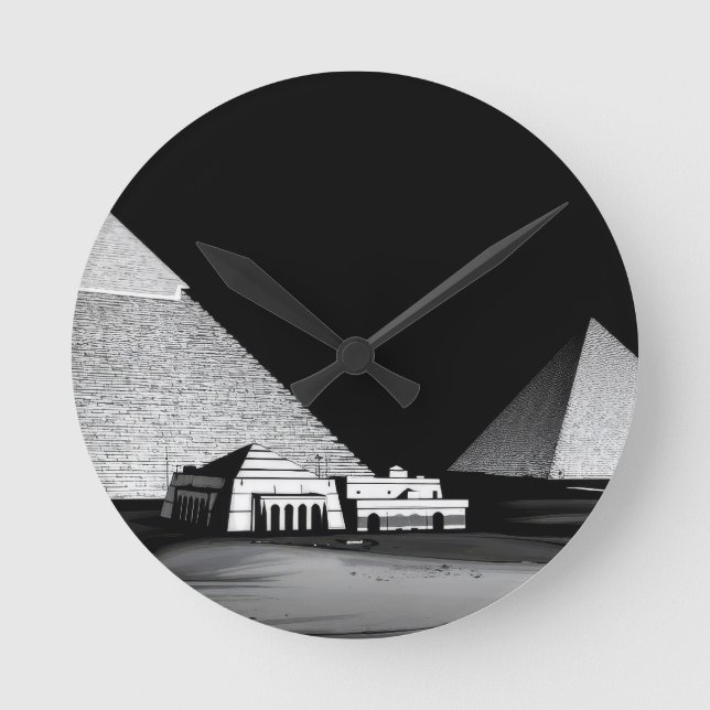 Black and White Pyramids Round Clock (Front)
