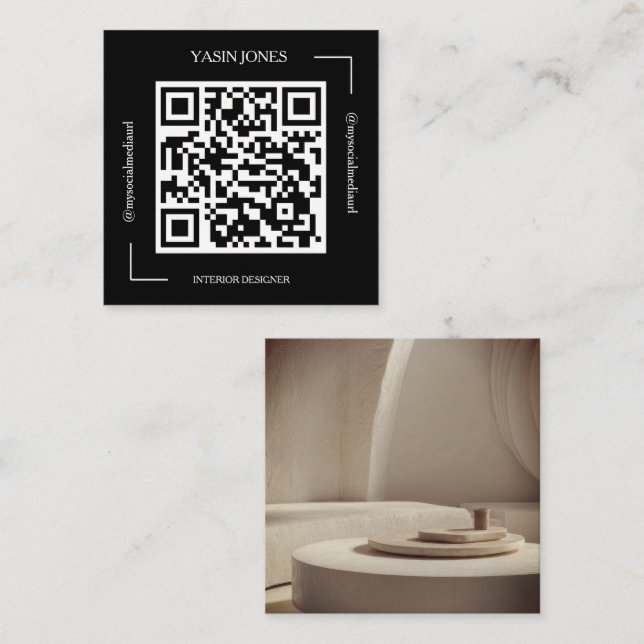 Black and White QR Code Interior Designer Square Business Card (Front/Back)