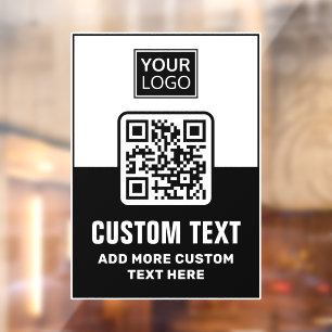 Black and white QR code, logo and custom text