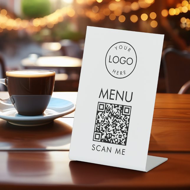 Black and White QR Code Menu Simple Cafe Scan Me Pedestal Sign (Creator Uploaded)
