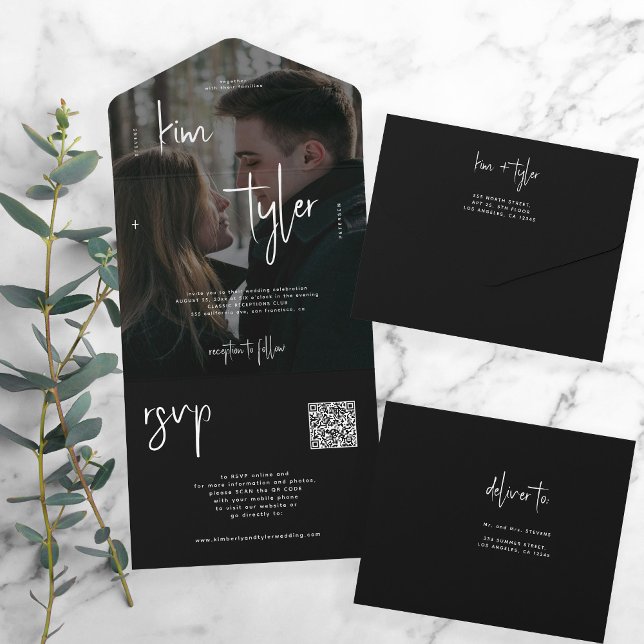 Black and white QR code rsvp photo modern wedding All In One Invitation (Creator Uploaded)