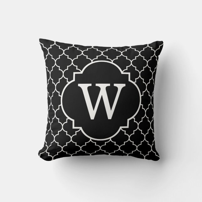 Black And  White Quatrefoil Monogram Cushion (Front)