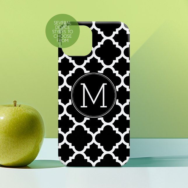 Black and White Quatrefoil Pattern Custom Monogram (Personalized Phone Case)