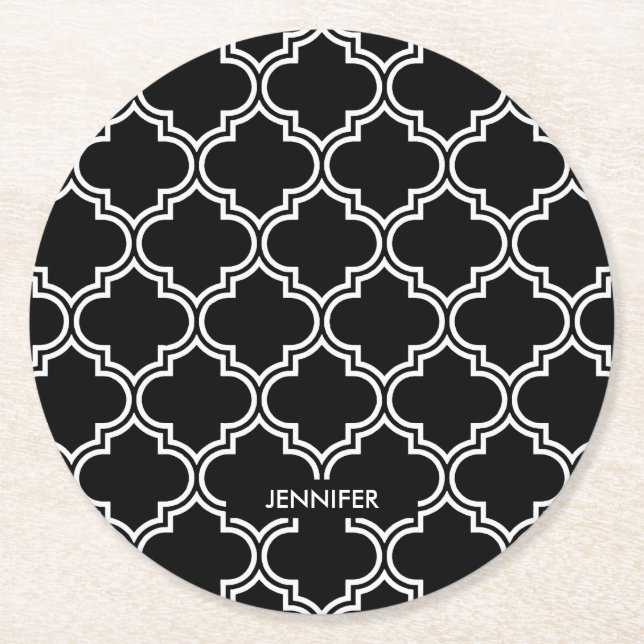 Black and White  Quatrefoil Round Paper Coaster (Front)