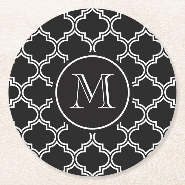 Black and White Quatrefoil Round Paper Coaster (Front)