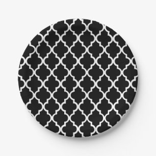Black and White Quatrefoil Tiles Pattern Paper Plate