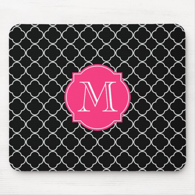 Black and White Quatrefoil with Monogram Mouse Pad (Front)