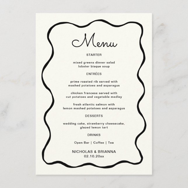 Black and White Quirky Hand Drawn Wave Wedding Menu (Front)