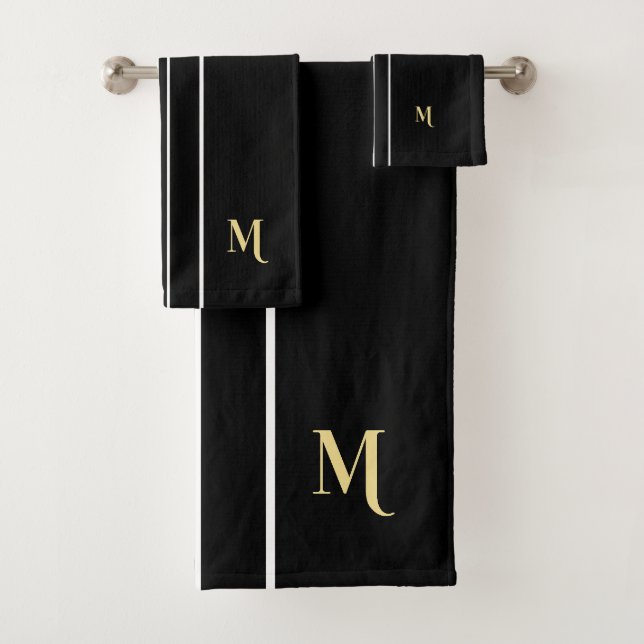 Black and White Racing Stripes Faux Gold Monogram Bath Towel Set (Insitu)