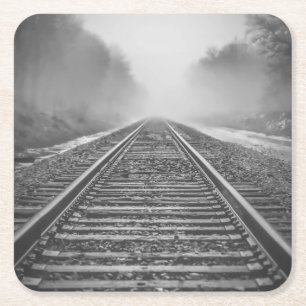 Black and white railroad #3 square paper coaster