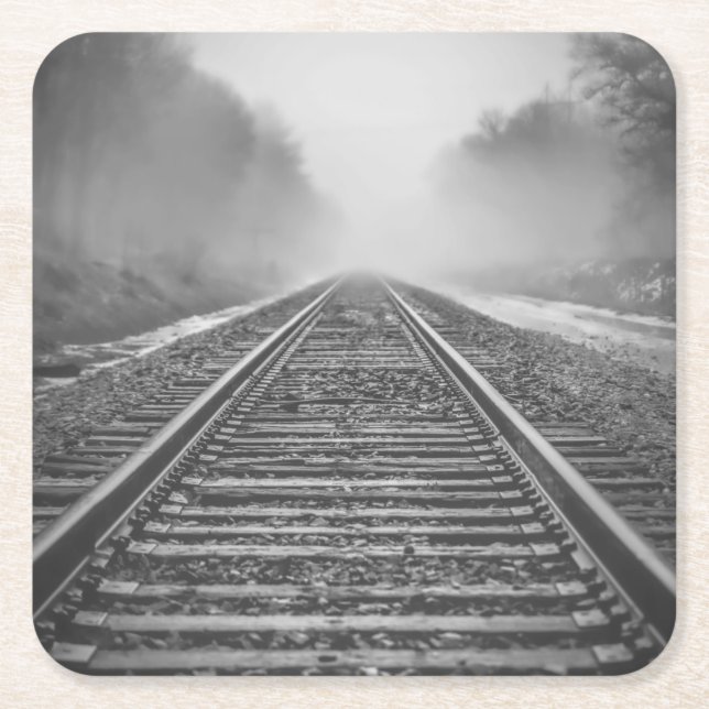 Black and white railroad #3 square paper coaster (Front)